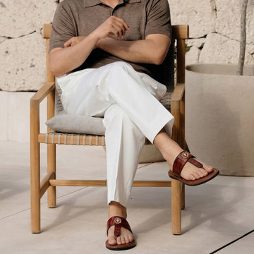 Cognac T- Strap Slippers in Deep Cut Croco Textured Leather