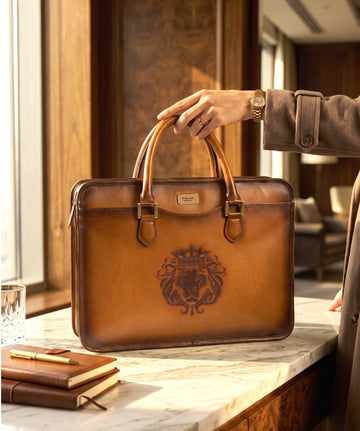 Tan Leather Embossed Lion Laptop Briefcase with Two Slots & Organizer Compartment by Brune & Bareskin
