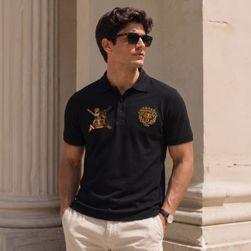 Premium Black Polo T-Shirt with Zardosi Royal Crest & 3D Lion Logo