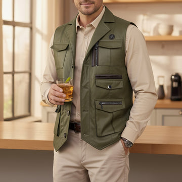 Warm & stylish Multi Pockets Vest in Green Waxy Cotton