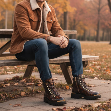 Smokey Cognac Chunky Boots With Golden Metal Plate Deep Cut Leather Lace-up
