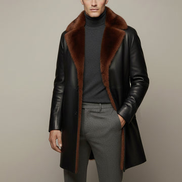 Furr Collar Leather Long Coat Jacket in Black Genuine Leather