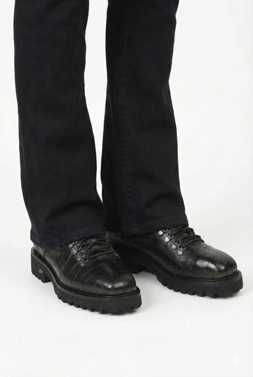 Luxury Black High-Top Croco Embossed Leather Chunky Boots