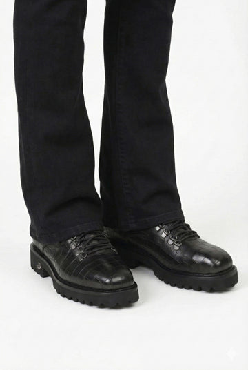 Luxury Black High-Top Croco Embossed Leather Chunky Boots