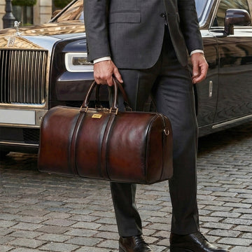 Veg Tanned Duffle Bag Dark Brown Hand Painted Leather With Golden Accent