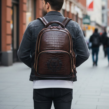 Deep Cut Croco Embossed Lion Dark Brown Leather Backpack