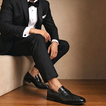 Black Penny Loafers with  Croco Embossed Leather