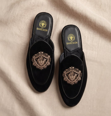 Black Italian Velvet Mule with Golden Crest Handmade Zardosi