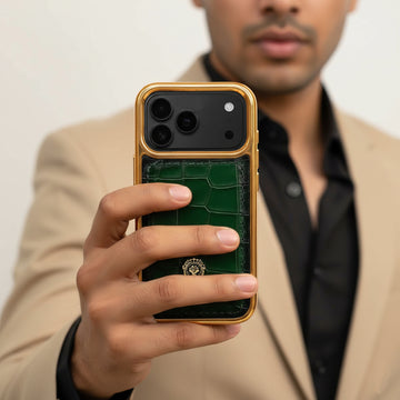 Luxury Green Croco Textured Leather iPhone 17 Pro & 17 Pro Max Golden Frame Mobile Cover