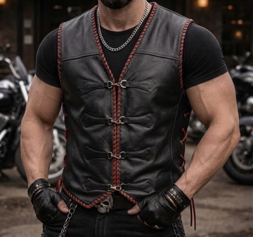 Black Leather Statement Vest with Red Stitch Accents