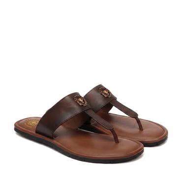 T-Strap Leather Slide-in Slippers with Tan-Brown Strap