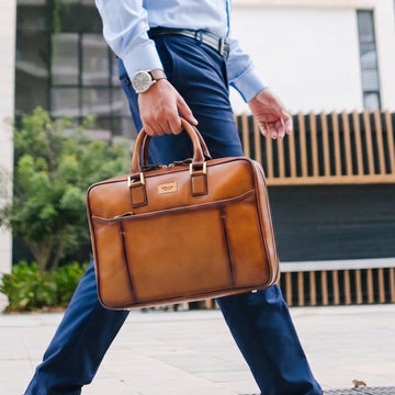 Tan Leather Laptop Briefcase Bag with Double Zipper Compartment