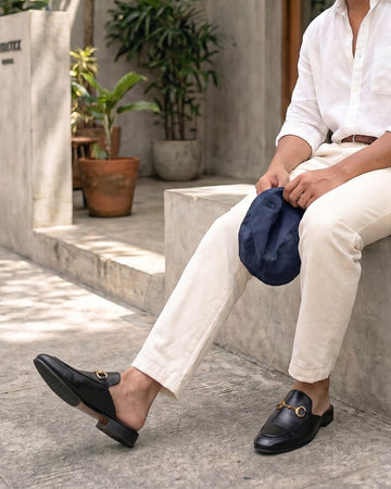 Black Leather Horsebit Formal Mules With Slipper Opening at The Back (Summer Special) By Brune & Bareskin