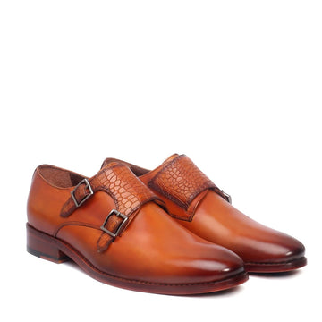 Orangish Tan Croco Strap Double Monk Leather Shoes by Brune & Bareskin