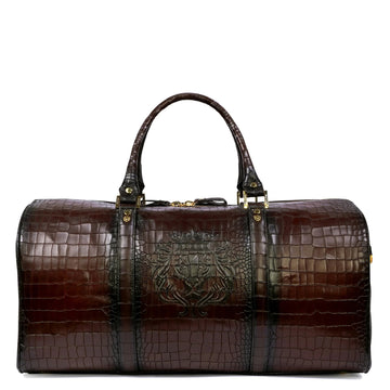Croco Embossed Duffle Bag in Dark Brown Leather