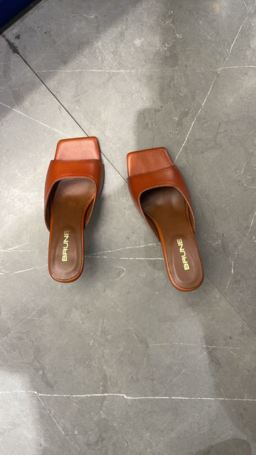 Square Open Toe Tan Genuine Kitten Heel Leather Ladies Sandal By Brune & Bareskin