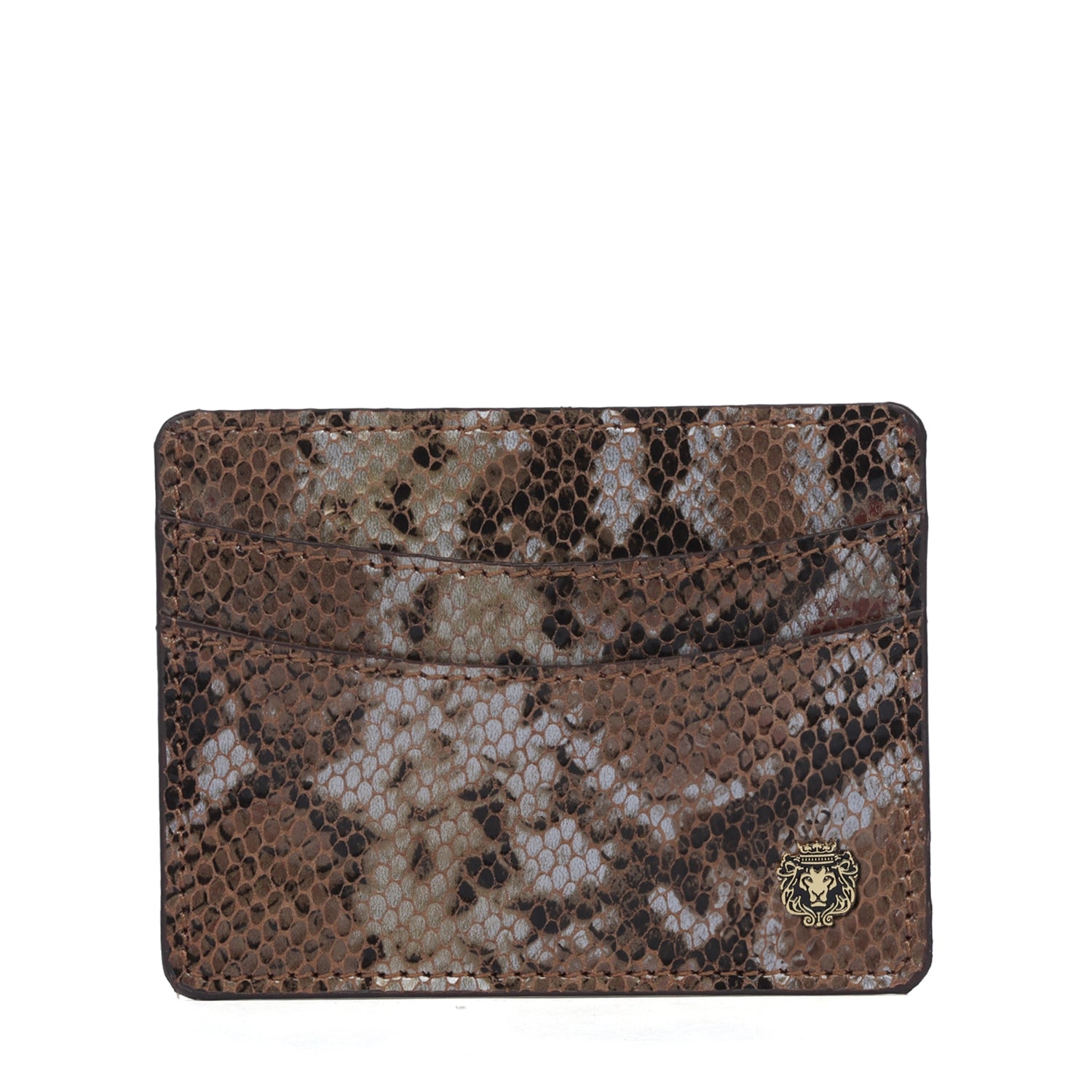 Unisex Card Holder Snake Texture Leather with Golden Finish Metal Lion Logo
