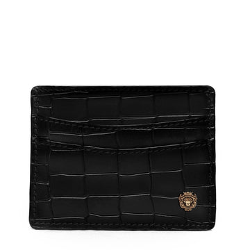 Black Croco Deep Cut Leather With Golden Lion Logo Card Holder By Brune & Bareskin