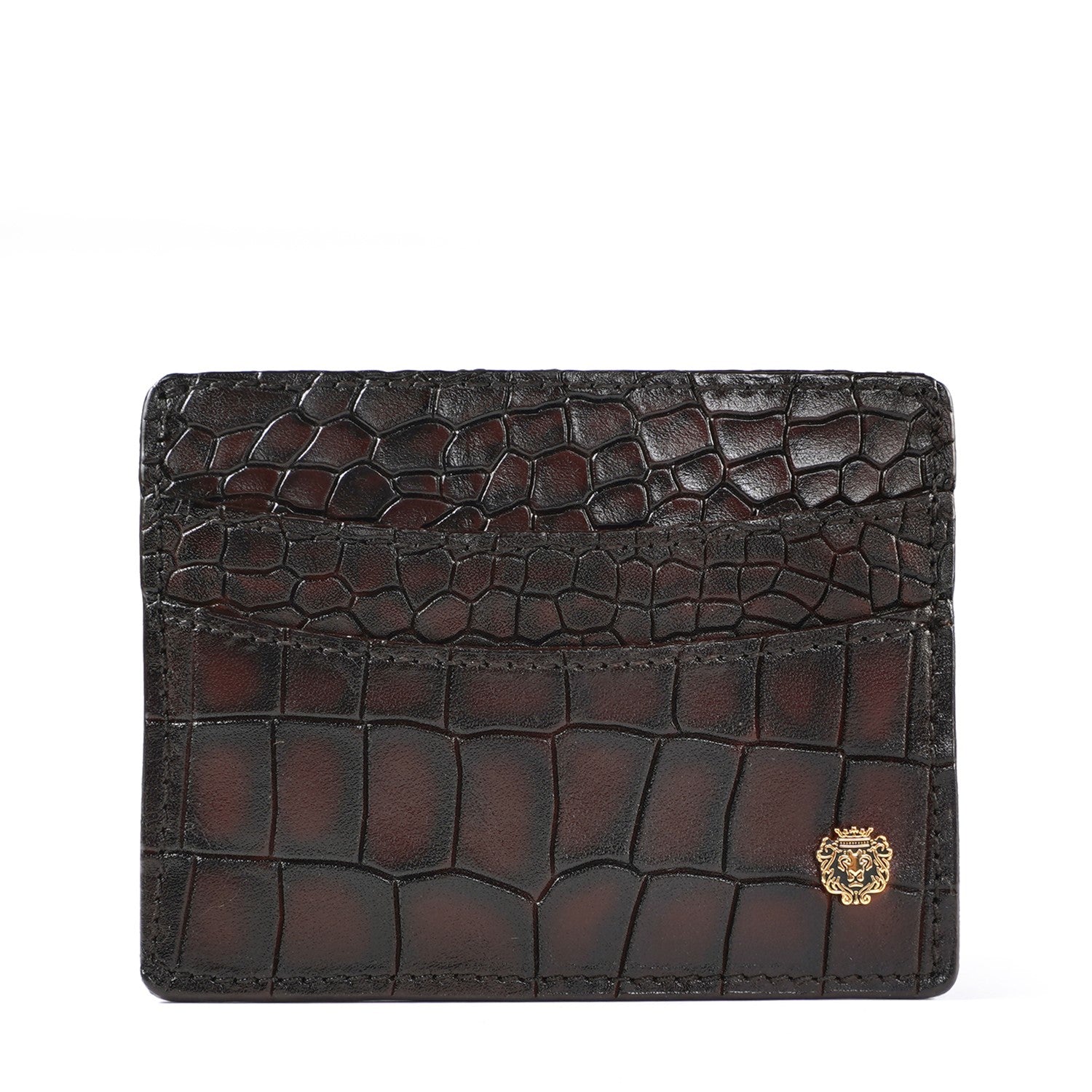 Dark Brown Deep Cut Croco Leather With Small Golden Lion Logo Card Holder