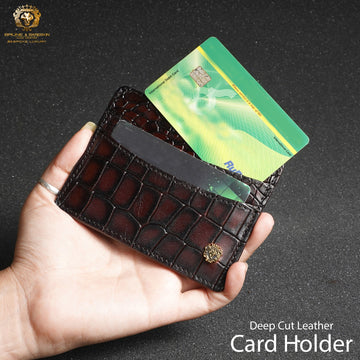Dark Brown Deep Cut Croco Leather With Small Golden Lion Logo Card Holder