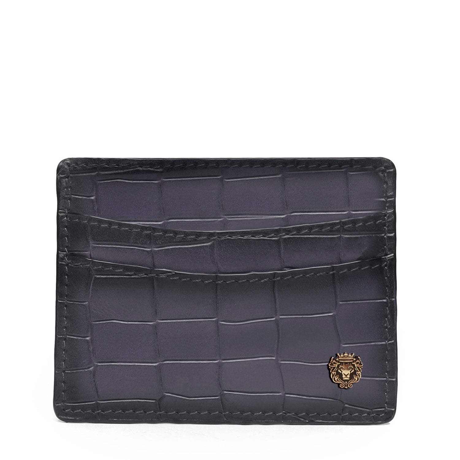 Grey Croco Deep Cut Leather With Golden Lion Logo Card Holder By Brune & Bareskin
