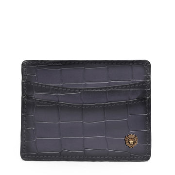 Grey Croco Deep Cut Leather With Golden Lion Logo Card Holder By Brune & Bareskin