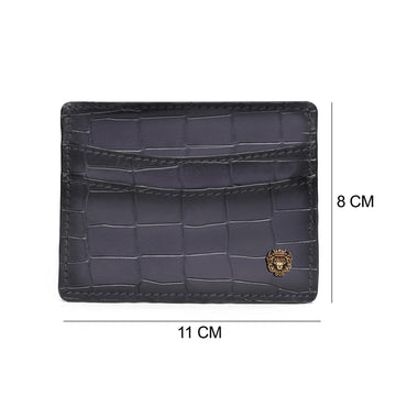 Grey Croco Deep Cut Leather With Golden Lion Logo Card Holder By Brune & Bareskin