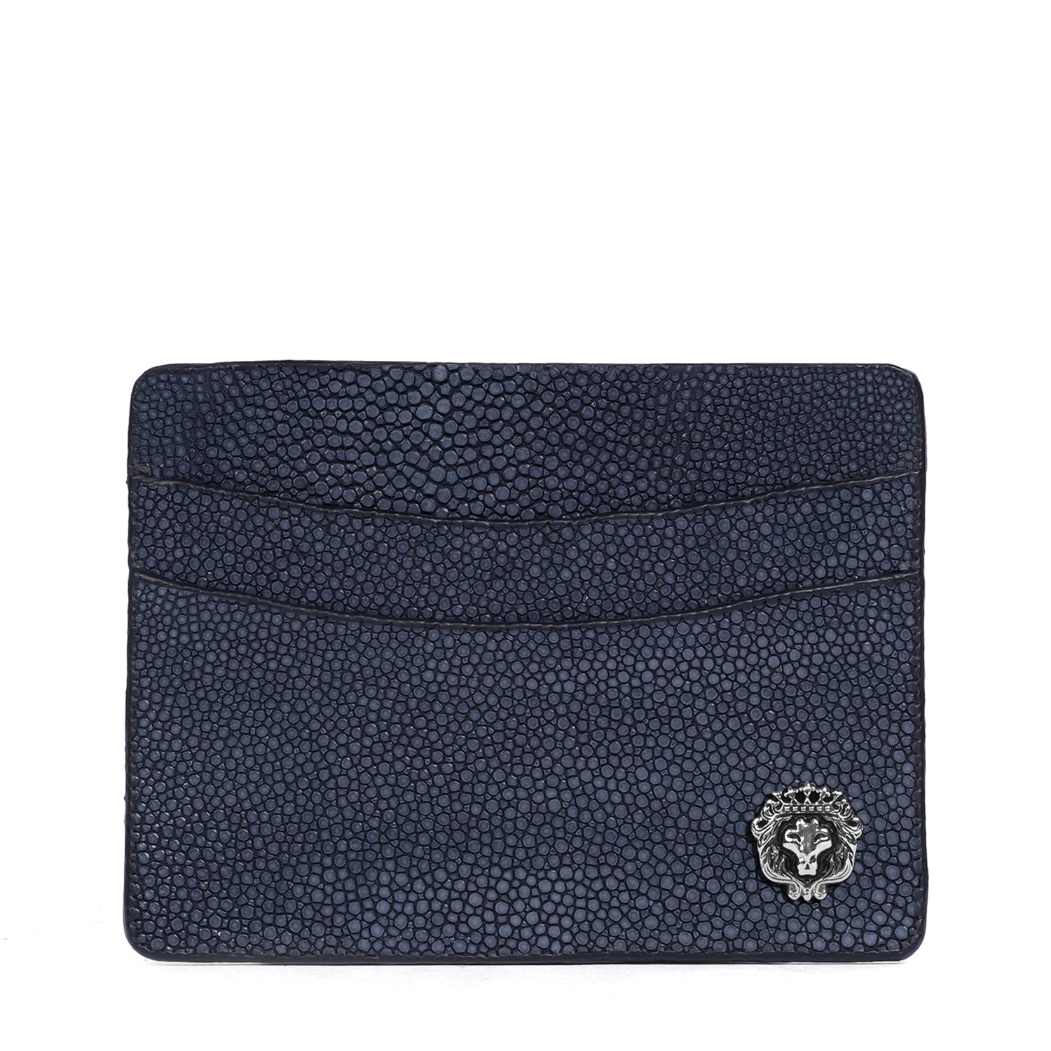 Unisex Card Holder Genuine Stingray Leather With Silver Finish Small Metal Lion