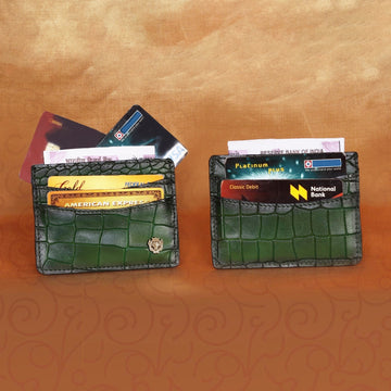 Metal Lion Green Deep Cut Croco Textured Leather Card Holder By Brune & Bareskin