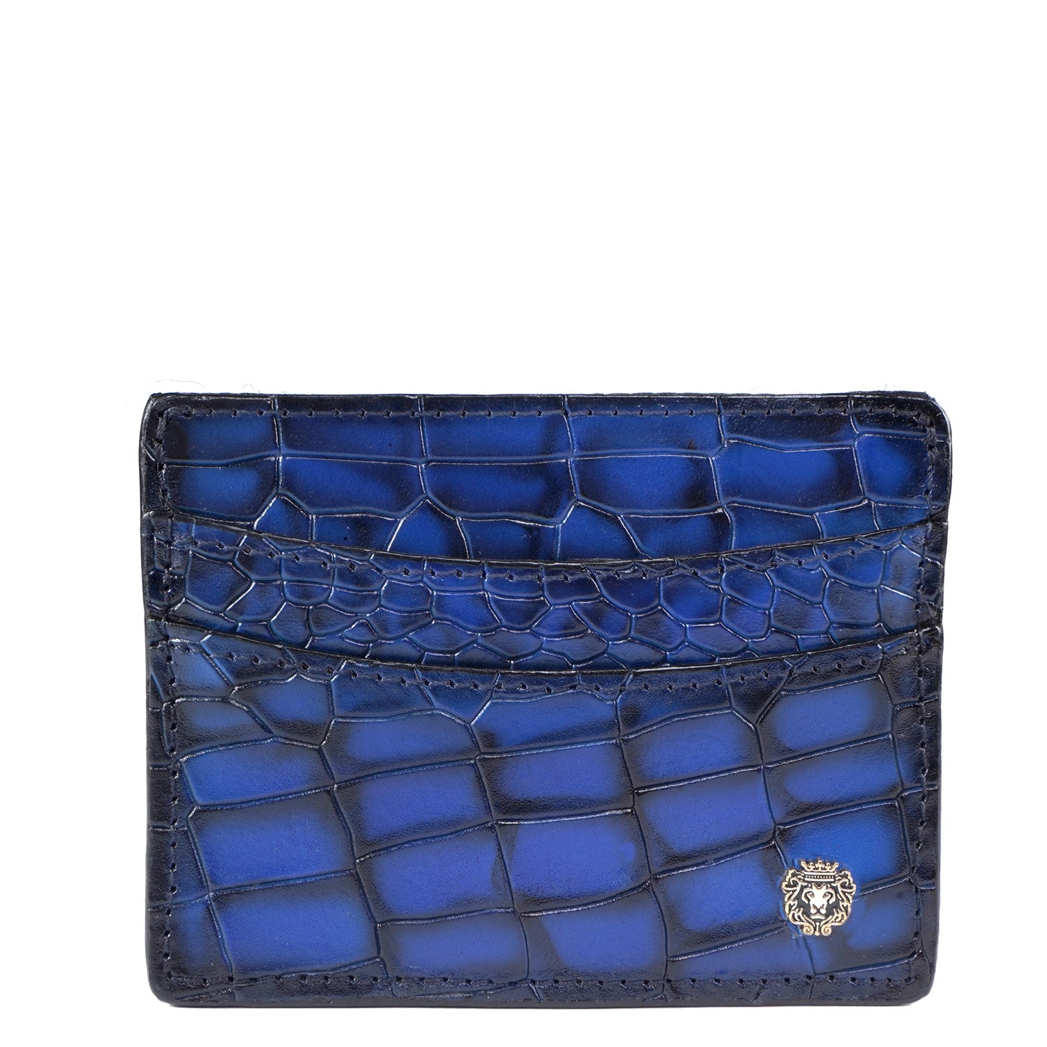 Blue Croco Deep Cut Leather With Small Golden Lion Logo Card Holder