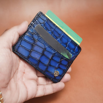Blue Croco Deep Cut Leather With Small Golden Lion Logo Card Holder