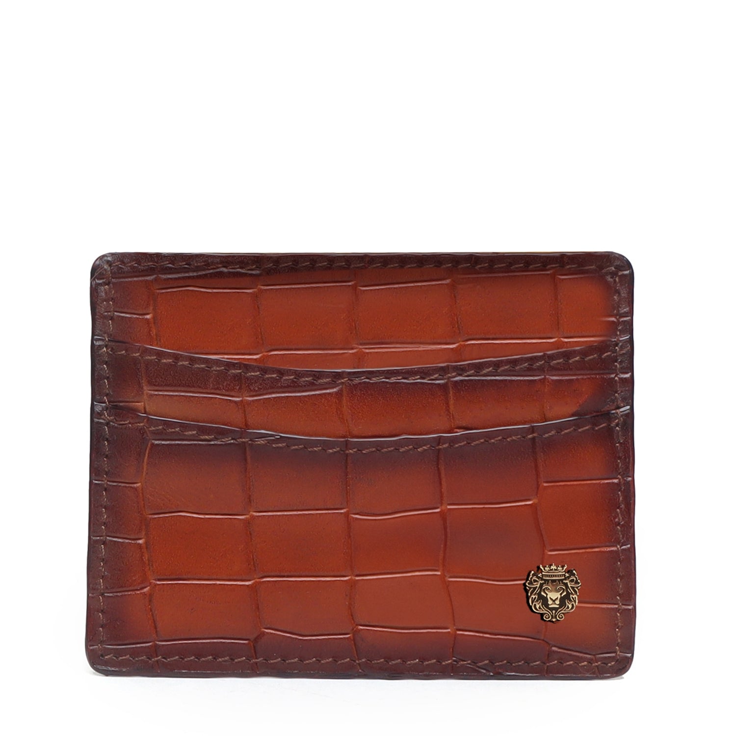 Tan Croco Deep Cut Leather With Golden Lion Logo Card Holder By Brune & Bareskin