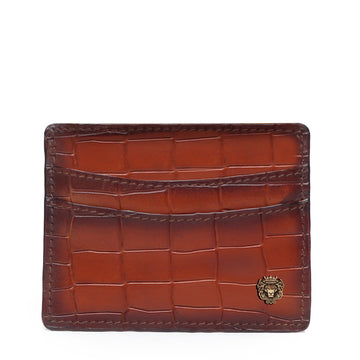 Tan Croco Deep Cut Leather With Golden Lion Logo Card Holder By Brune & Bareskin