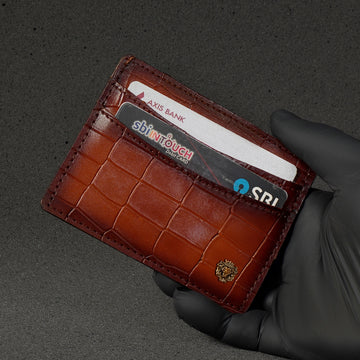 Tan Croco Deep Cut Leather With Golden Lion Logo Card Holder By Brune & Bareskin