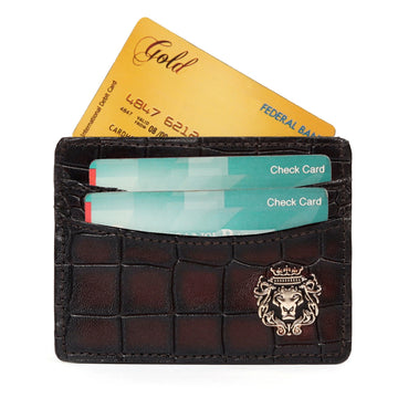 Smokey Patina Finish Card Holder in Dark Brown Deep Cut Croco Textured Leather by Brune & Bareskin