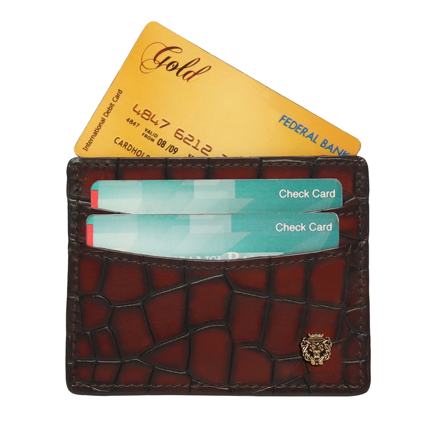 Cognac Smokey Patina Finish Card Holder in Deep Cut Croco Leather by Brune & Bareskin