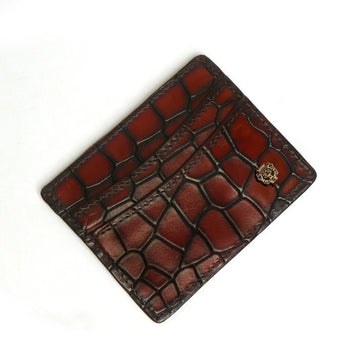 Cognac Smokey Patina Finish Card Holder in Deep Cut Croco Leather by Brune & Bareskin
