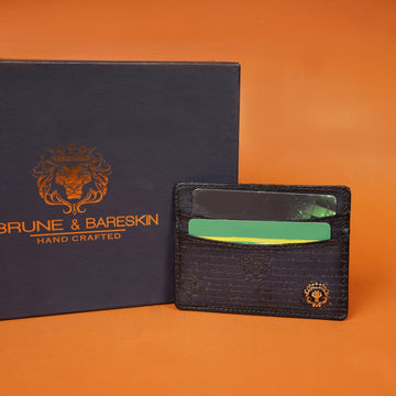 Classic Blue Scritto Laser Leather Card Holder with Lion Logo