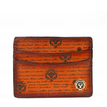 Classic Tan Darker Scritto Laser Leather Card Holder with Lion Logo