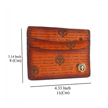 Classic Tan Darker Scritto Laser Leather Card Holder with Lion Logo