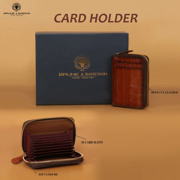 Zipper Design Card Holder in Tan Deep Cut Croco Texture Leather