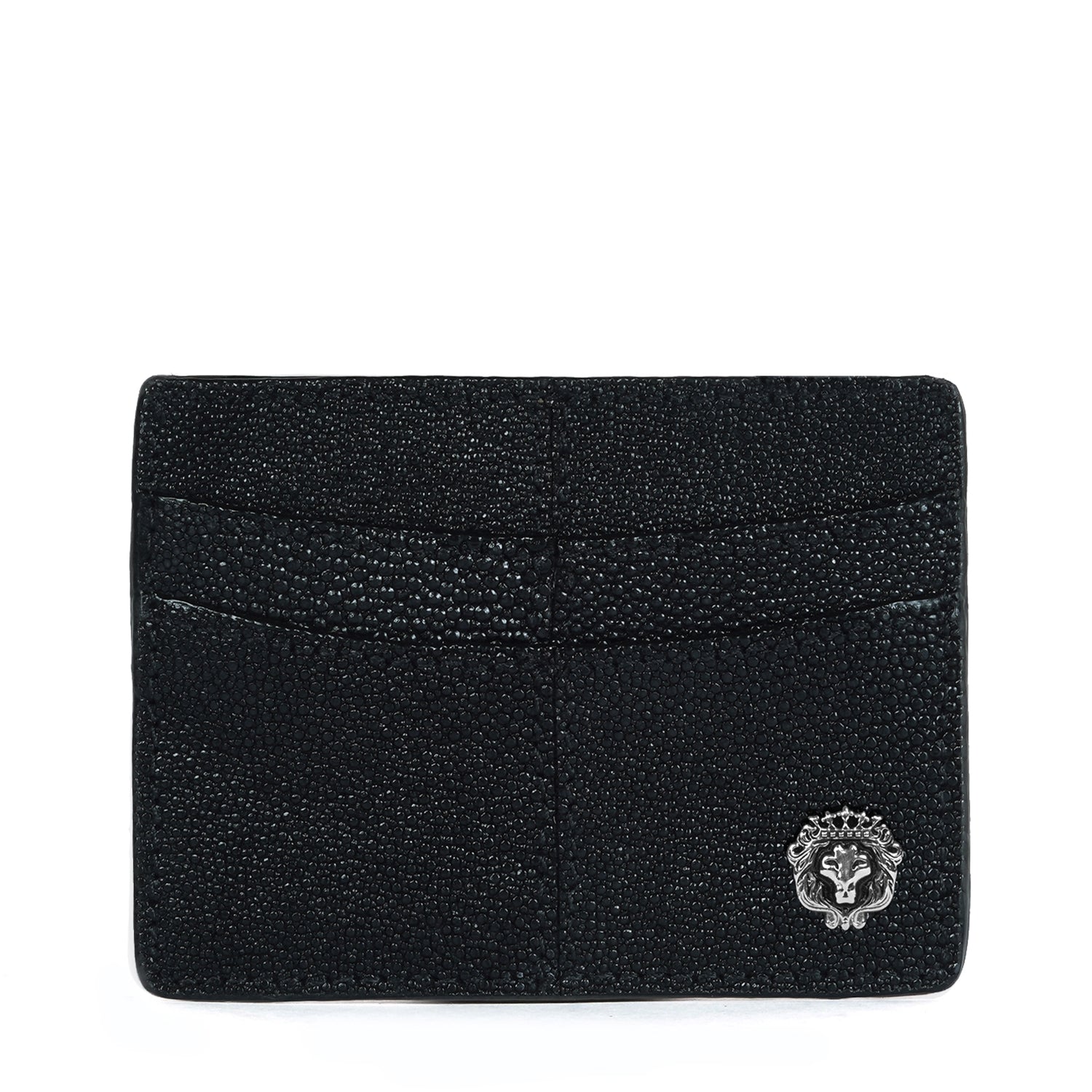 Center Stitched Card Holder with Exotic Black Caviar Stingray Fish Leather