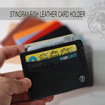 Center Stitched Card Holder with Exotic Black Stingray Fish Leather