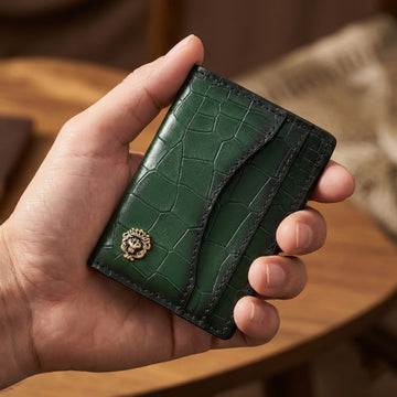 Green Mid Stitch Croco Embossed Leather Card Holder