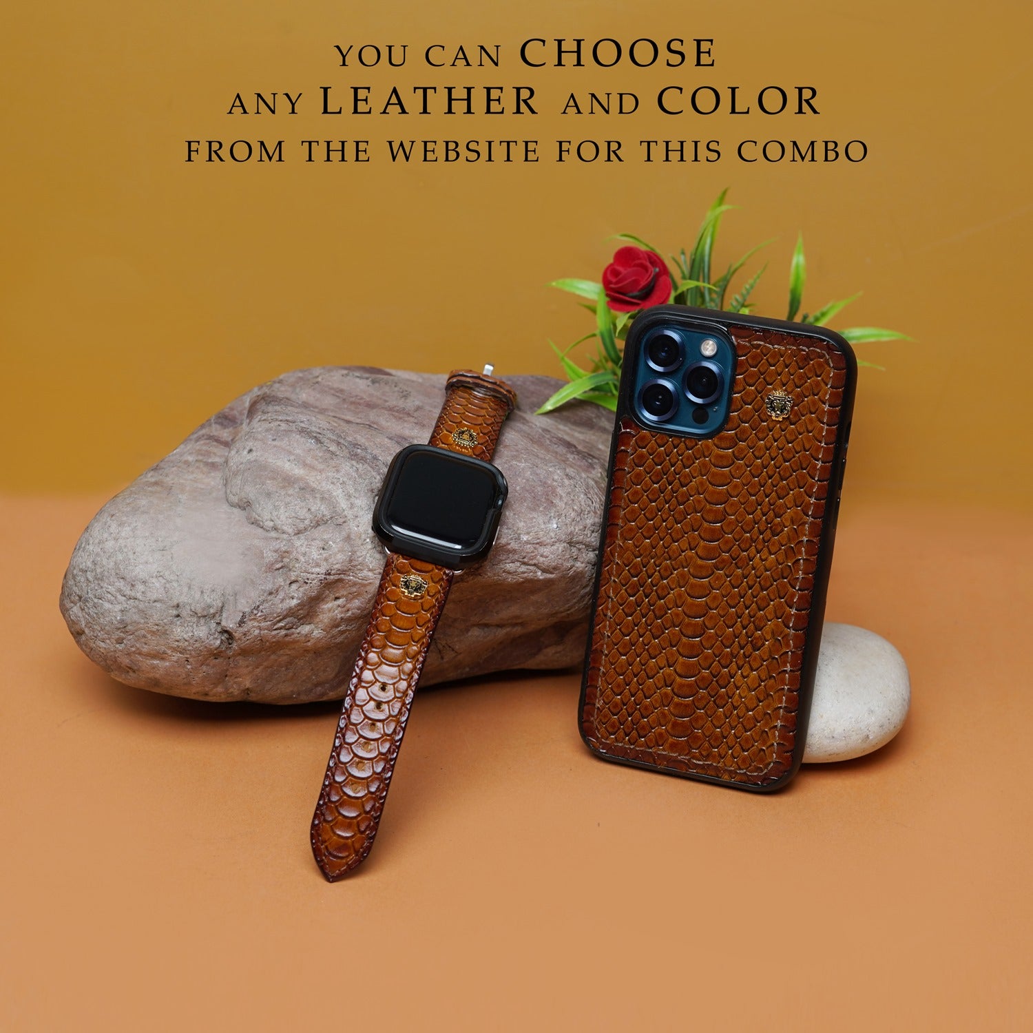 Matching Mobile Cover with Watch Strap Combo Tan Snake Skin Embossed Leather