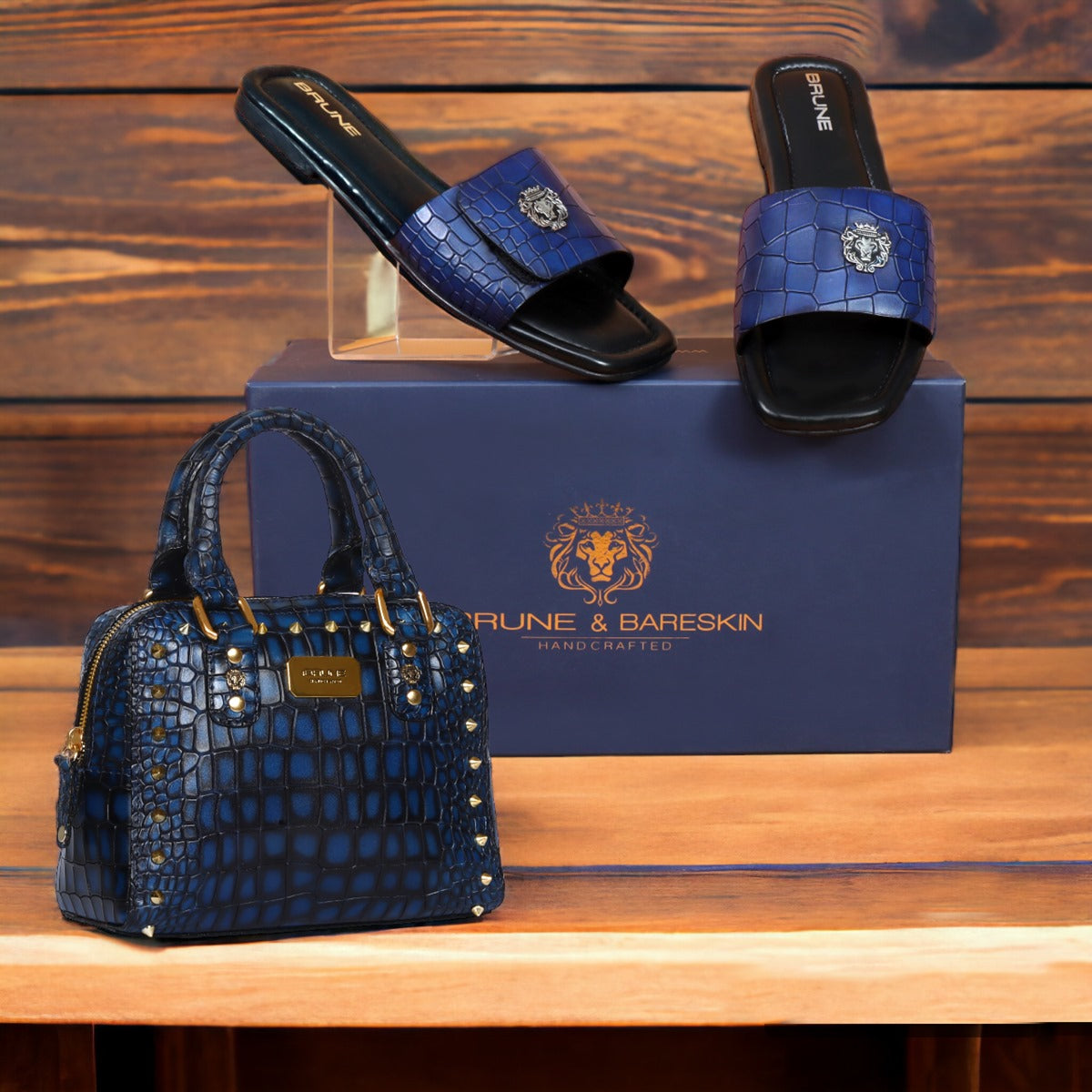 Blue Smokey Croco Textured Leather Combo (Ladies Hand Bag & Flat Slipper)