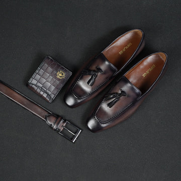 Luxurious Grey Leather Combo of Men's Shoes, Belt and Bi-Fold Wallet