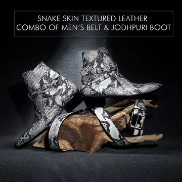 Snake Skin Textured Combo of Black-White Jodhpuri Boot & Belt