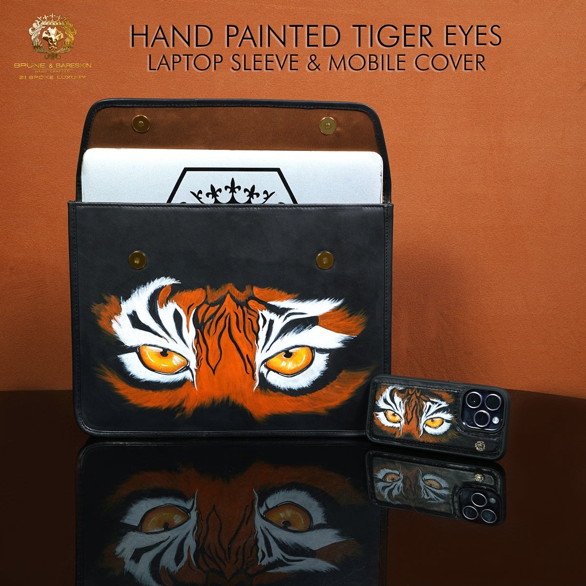 Personalized Combo of Laptop Sleeves & Mobile Cover with Hand-Painted Tiger Eyes