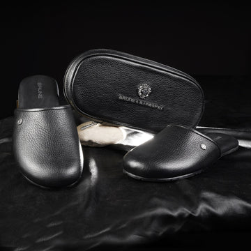 Black Textured Handcrafted 3D Lion Logo Slippers & Pouch Combo